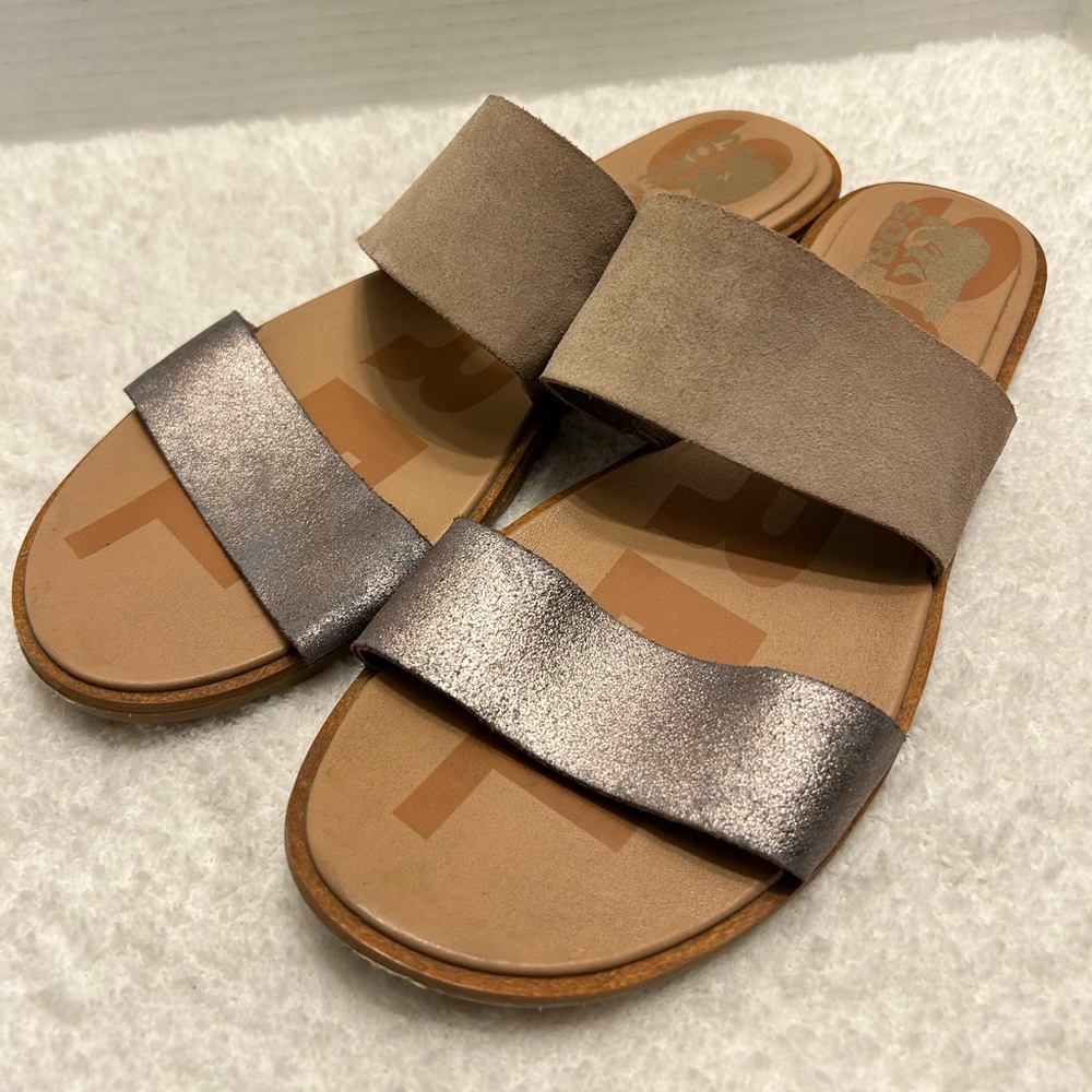 Sorel Ella Il Slide Two Strap Metallic/ Suede Sandals Women's Size 9